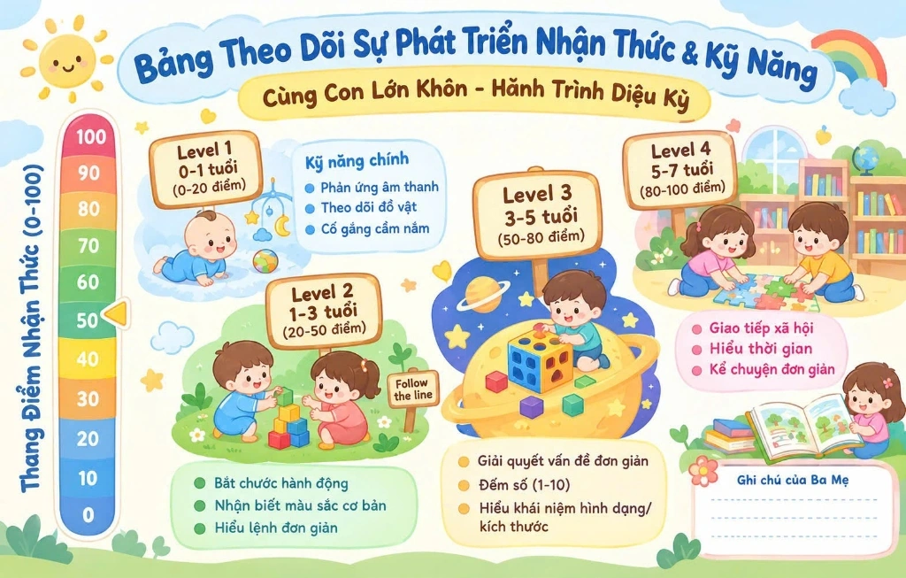 Bảng theo dõi sự phát triển nhận thức & kỹ năng theo 4 cột mốc: 0–1, 1–3, 3–5 và 5–7 tuổi