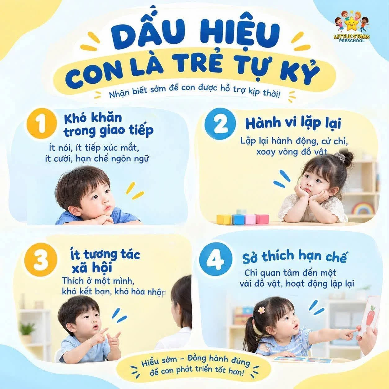 Dấu hiệu con là trẻ tự kỷ: gọi không quay đầu, không nhìn vào mắt, chơi một mình, hành vi lặp lại